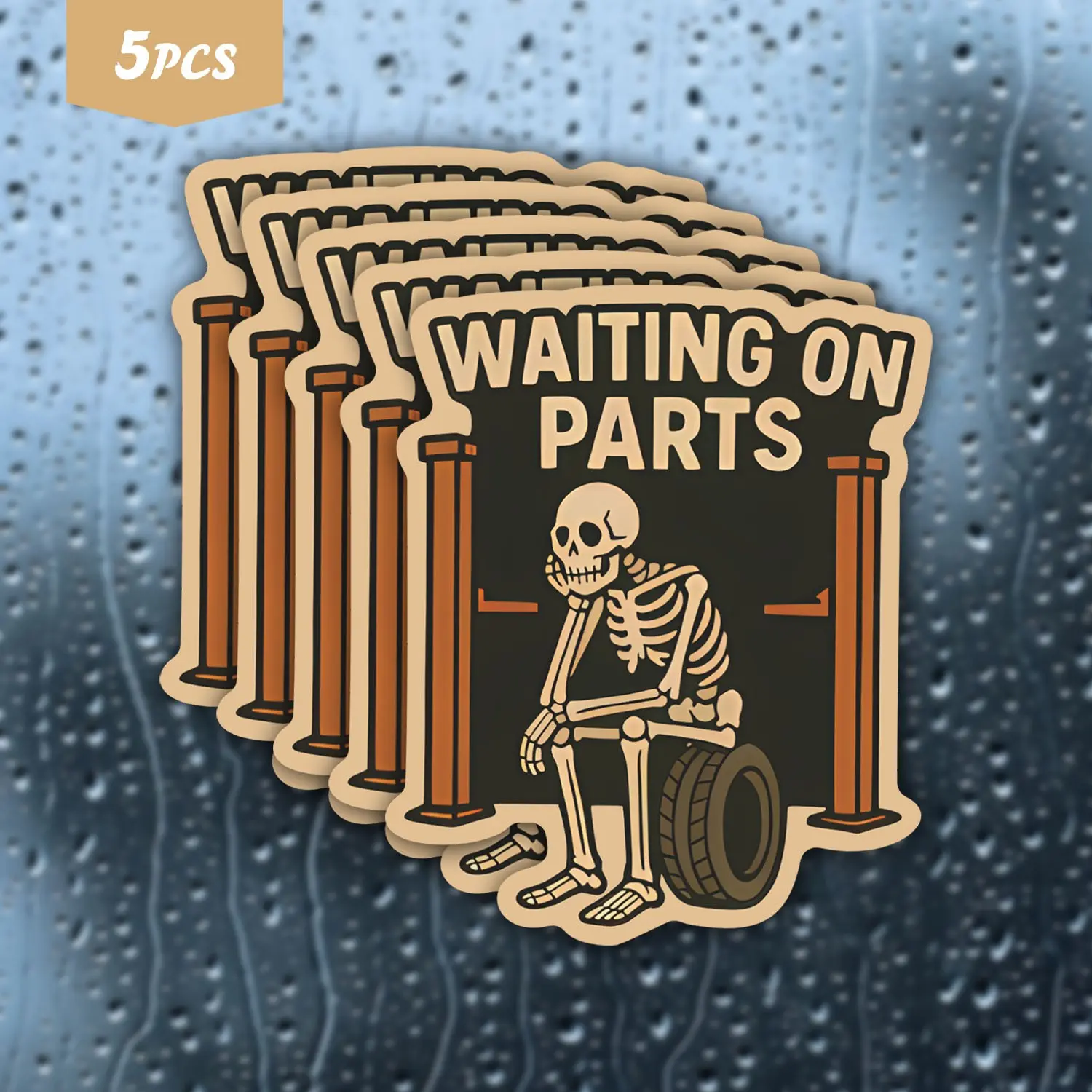 5Pcs "Waiting On Parts" Skeleton Mechanic Waterproof Vinyl Sticker, Sticker For Cars, Self-Adhesive Decal, Automotive Decals, Suitable For Toolboxes, Car Windows, Ideal For Mechanics, Car Enthusiasts And Humor Lovers