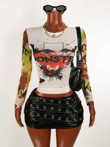 CONVERTIBLE New Graffiti Print Mesh Sheer Long Sleeve Women's Casual T-Shirt