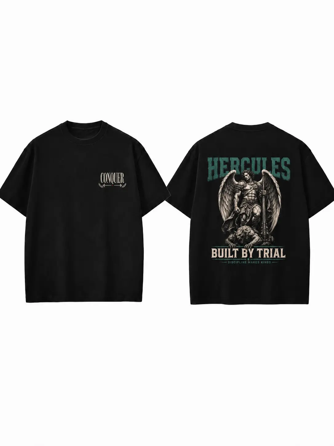Men’s Hercules Built by Trial Greek Mythology Graphic T-Shirt, Ancient Warrior Hero Front and Back Print Tee, Discipline Makes Kings Motivational Gym Workout Bodybuilding Shirt, Oversized Vintage Unisex Fitness Streetwear
