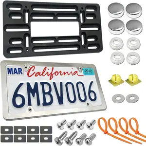 Front License Plate Mounting Kit- Front Bumper License Plate Bracket & Stainless Steel Car Tag Frame, Universal No Drilling Hole Adapter for Car/Truck/Trailer, with Screws Cap, Rattle Proof Pad