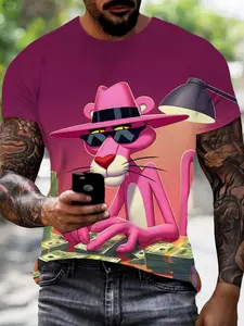 Men's Leopard Print Fitted T-Shirt, Cartoon Fun Casual Style Short Sleeve Top, Fashion Comfort Design, Perfect Daily Wear, Ideal Gift Choice