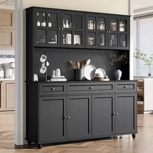 71" Tall Kitchen Pantry Storage Cabinet, 63" Wide Kitchen Hutch Cabinet with Large Countertop, Tall Pantry with Drawers, Storage Cabinets with Glass Door