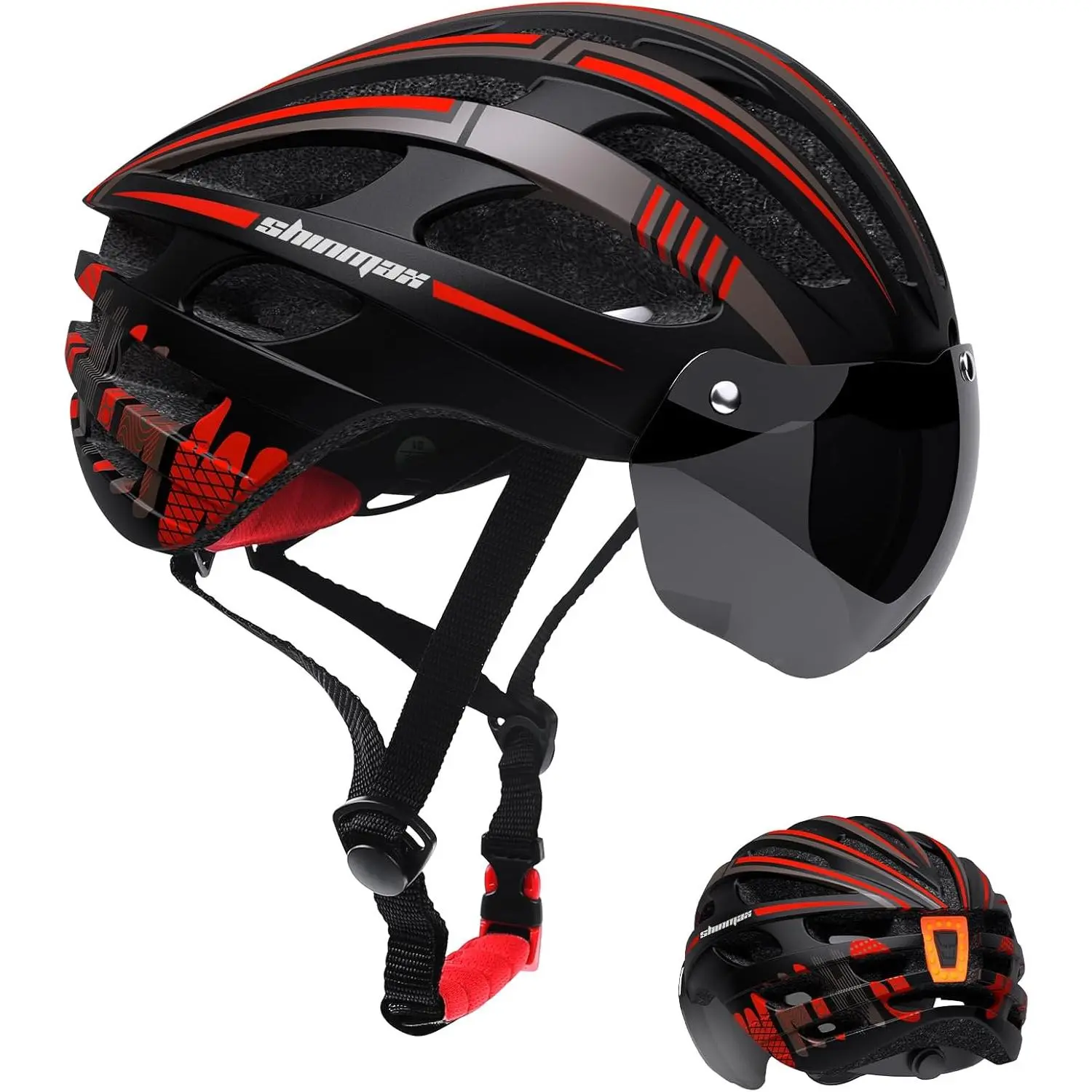 Shinmax Unisex Aerodynamic In-Molded Adult Bike Helmet - 290g PC Shell, USB Rechargeable LED Lights, Detachable Magnetic Goggles, Secure Magnetic Fit, Cushioned UV Protection, Adjustable Size Aero Helmet for Cycling, Mountain Biking, L:22.44’’-24.41’’, Ro
