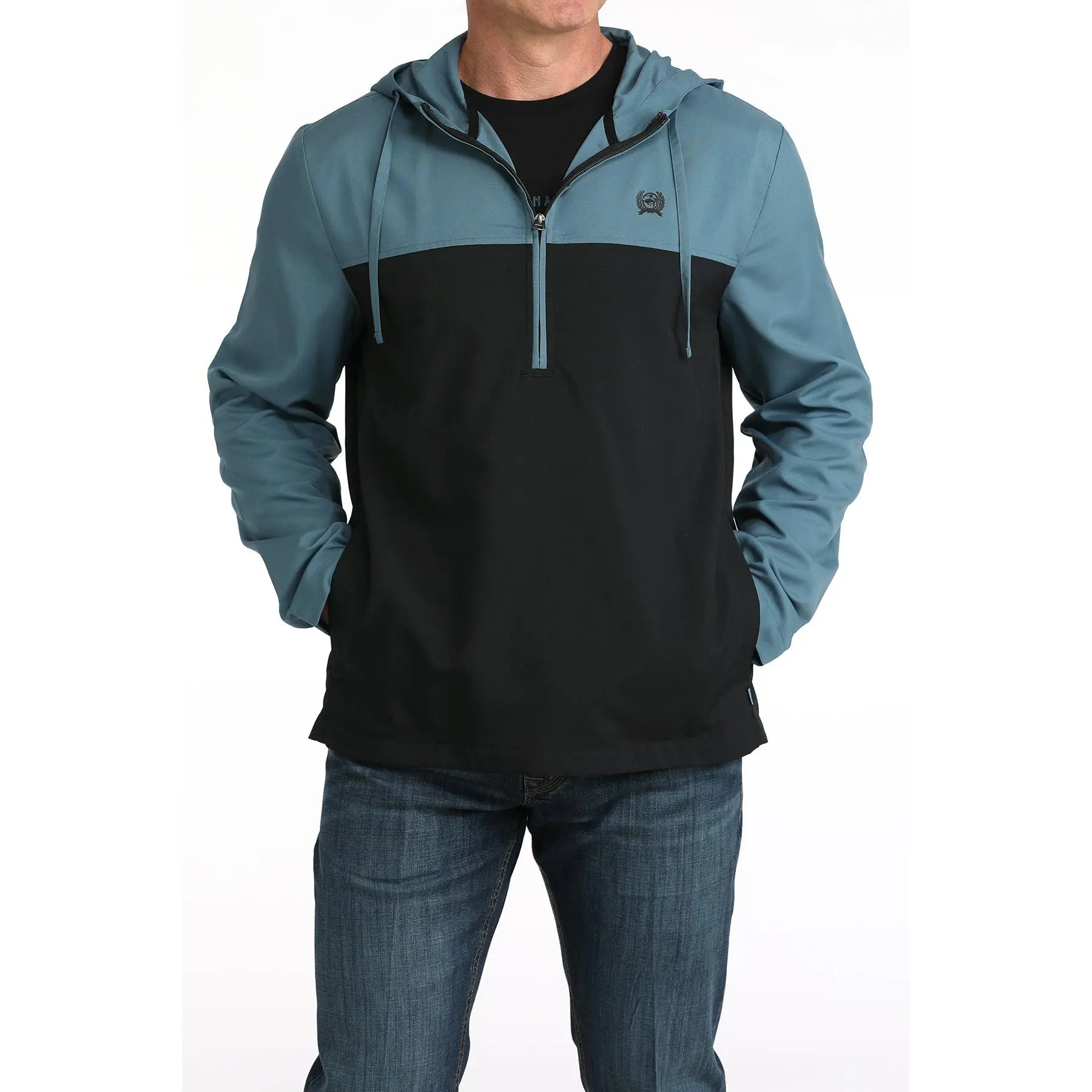 Cinch Men’s Teal & Black Color Block Quarter-Zip Hoodie - Menswear Tops, Kangaroo Pocket, Comfortable Fabric Sweatshirt