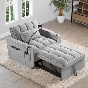 3 in 1 Convertible Sleeper Chair Bed with USB Ports, Cup Holder and Phone Stand, Velvet Pull Out Futon Sofa Beds, Adjustable Backrest Single Sofa Chair for Small Spaces, Living Room, Office (Gray)