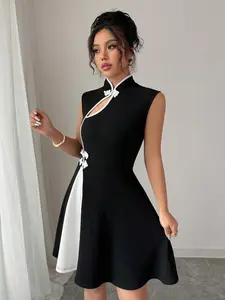 Women's Polo Collar Color Blocking Elegant Dress With Button Design