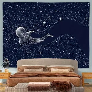 Ocean Animal Blue Whale Print Tapestry,  Polyester Wall Hanging for Living Room, Bedroom Decor, Horizontal Orientation, Knitted Peach Skin Velvet Fabric, Island, Sofa, Background Wall Home Art Decoration