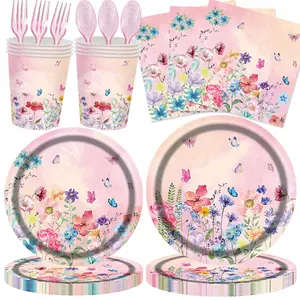 100-Piece Wildflower Party Decoration Set, Disposable Tableware, Spring Floral Birthday Supplies, Includes Dinner Plates, Dessert Cups, Napkins, Forks, Spoons, for 20 People
