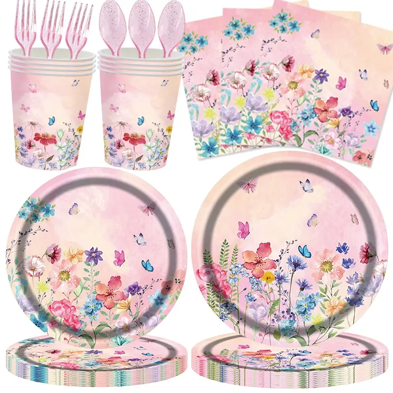100-Piece Wildflower Party Decoration Set, Disposable Tableware, Disposable Dinnerware, Spring Floral Birthday Supplies, Includes Dinner Plates, Dessert Cups, Napkins, Forks, Spoons, for 20 People