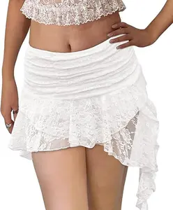 EASORA Women Y2K Lace Mini Skirt Low Rise Pleated Ruffle Short Layered Flowy Asymmetrical Fairy Half Slip Soft Breathable Stretchy Comfortable