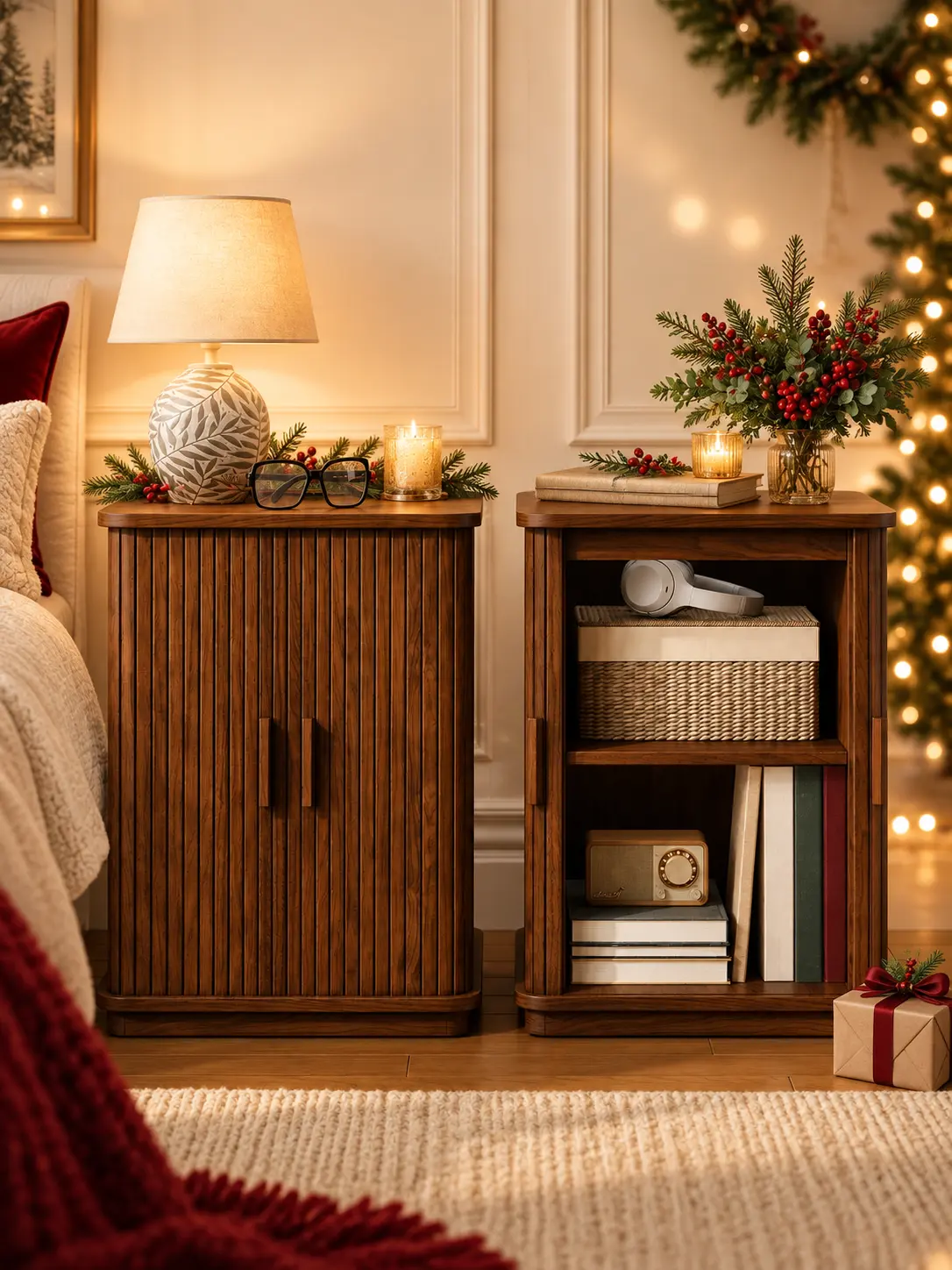 【Sliding Door Design】ONBRILL Square End Table with Storage & Charging Station, Fluted Accent Side Table with Sliding Door & Sturdy Pedestal, Mid-Century Modern Nightstand for Small Space, Living Room Furniture【TiktokShopStockUp】