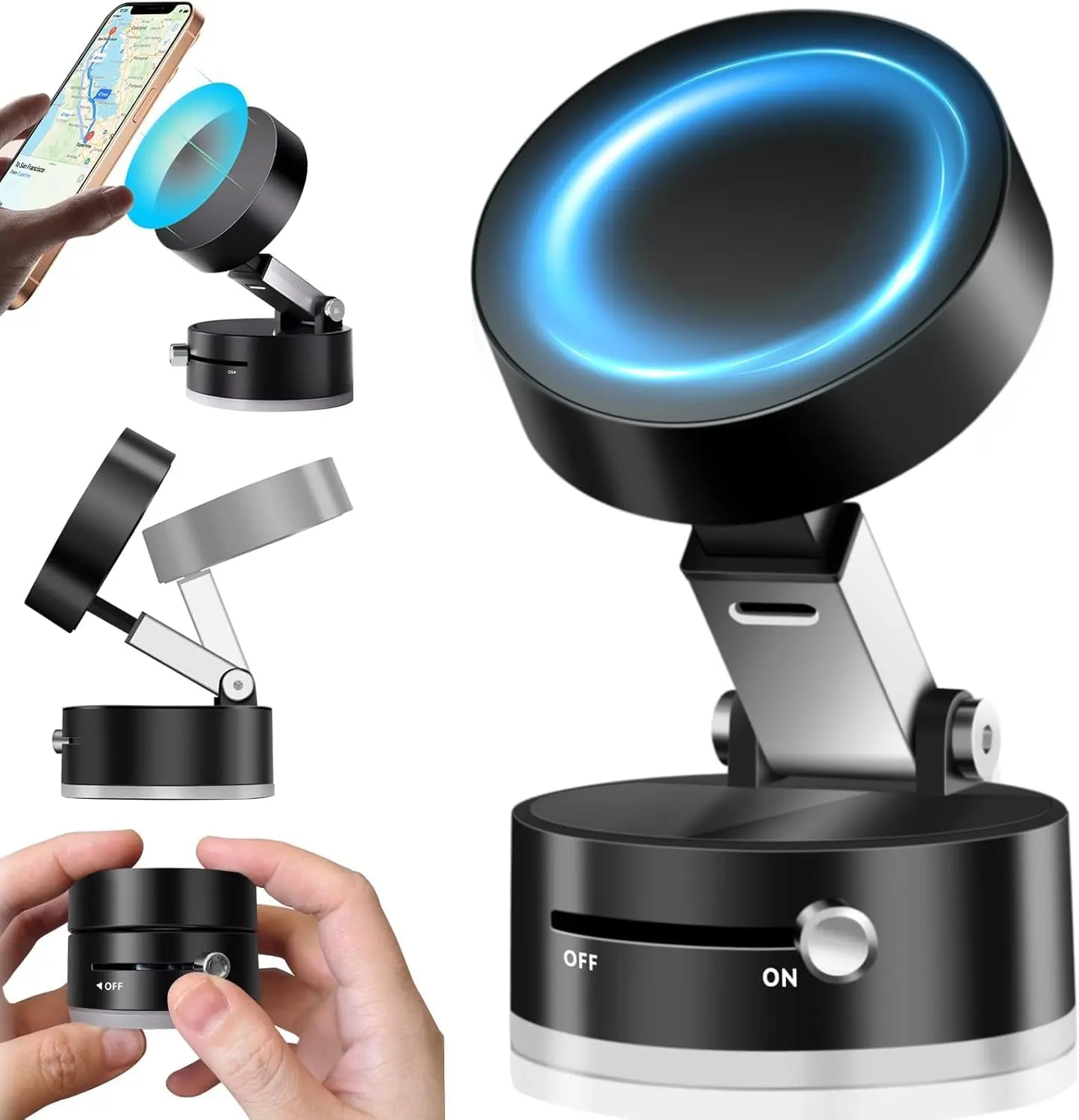 Universal Magnetic Vacuum Suction Car Phone Holder, Double-Sided Suction Cup Car Accessories for Mirror & Smooth Surfaces, Foldable Retractable Dashboard & Surface Mount, Phone Holder For Car