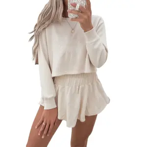 Mntaor Two Piece Outfits for Women Cropped Tee and Ruffle High Waist Short Skort Set - Skirt, Womenswear,Winteroutfit