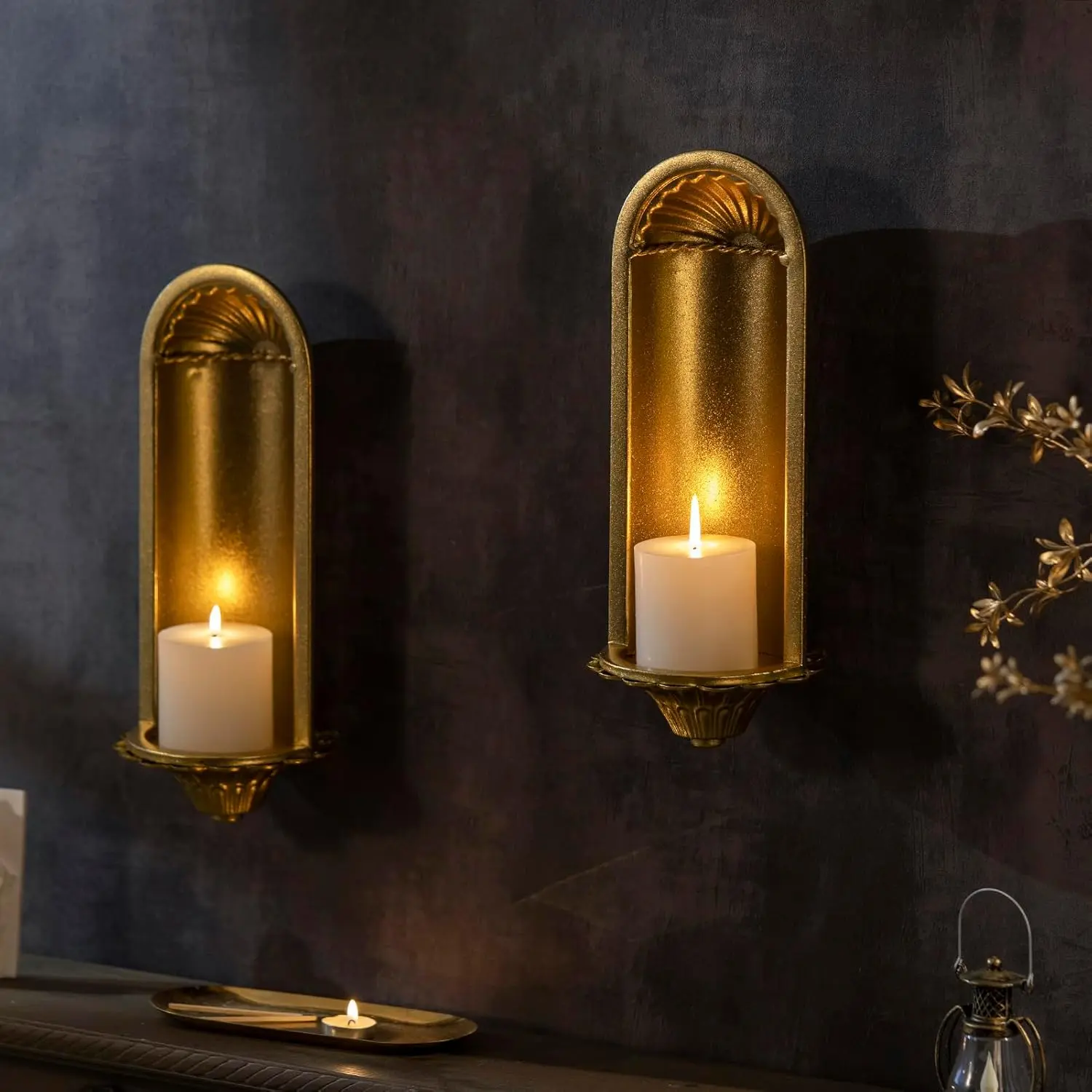 Gold Wall Candle Sconce Set of 2 Rustic Home Decor Pillar Candle Holders 14.9"x5.5"x6.2" Iron Crafted Elegant Wall Ornaments for Living Room Kitchen Bedroom