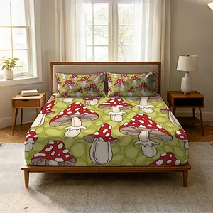 3-Piece Cartoon Mushroom Fitted Sheet Set, Soft Microfiber Bedding Set, Cute Forest-Colored Psychedelic Mushroom Duvet Cover, Suitable for Teens and Children, Farmhouse Country Floral Print for Bedroom Decor, Ideal Gift