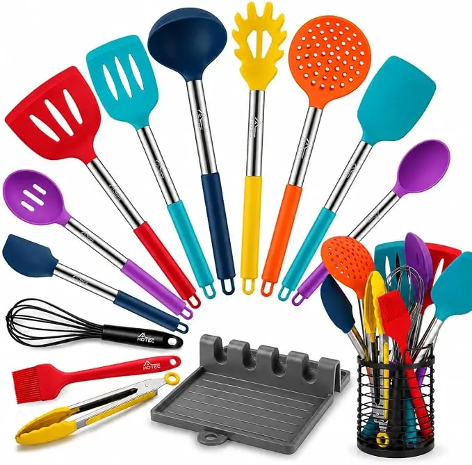14PCS Silicone Cooking Utensil Set with Holder - Heat-Resistant Kitchen Tools, Multicolor Cooking Spoons & Turners, Up to 446°F Heat Tolerance