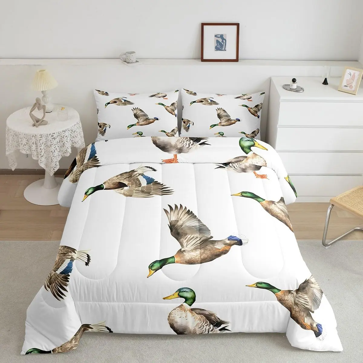 Feelyou Multi-Size Mallard Duck Luxury Bedroom Bedding Set - Breathable Microfiber Duvet, Hunting-Fishing Wildlife Animal Bird-Themed Duvets & Sets, White Decorative Linens