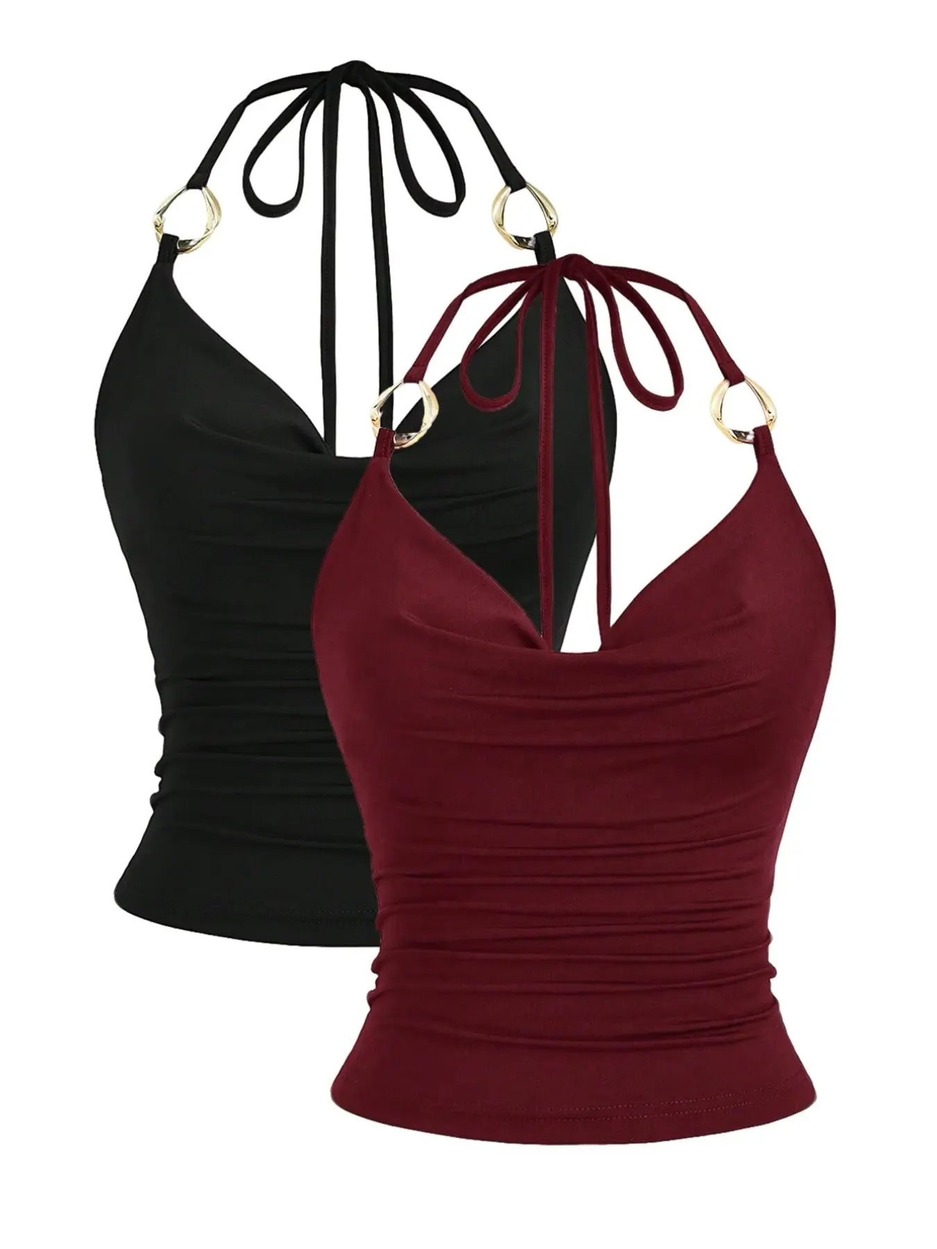 Four Seasons Sexy Halter Backless Top for Women, Summer Metal Ring Buckle Tie Neck Ruched Slim Fit Short Sleeve Shirt, Wine /, Casual Date Wear