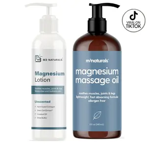 M3 Naturals Magnesium Lotion & Massage Oil Bundle - Soothes Sore Muscles, Relieves Cramps, Moisturizes Skin, Ideal for Sleep & Leg Cramps, Suitable for Sensitive Skin, Organic Coconut & Shea Butter, Moisturizing Body Care