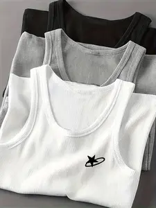 "Men's 3 Pack Ribbed Knit Star Graphic Slim Fit Tank Tops | Basic Sleeveless Muscle Undershirts in Black, White & Grey"