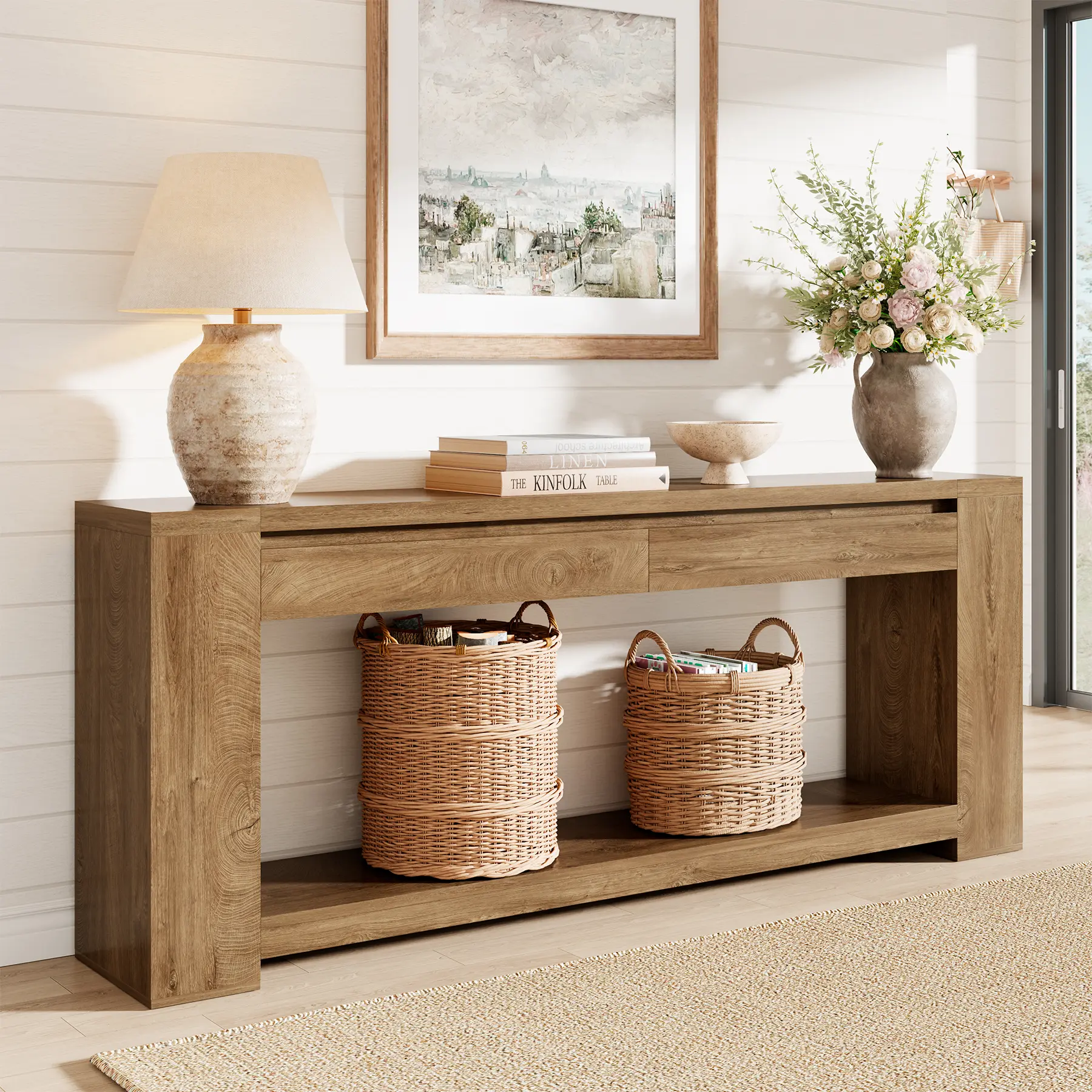 Extra Long Console Table 78 Inch, Sofa Table with Drawers and Shelf | 2 Storage Drawers | Open Shelf | Oak Brown | Farmhouse Sofa Table | Modern Entryway Table | Living Room, Entryway, Hallway