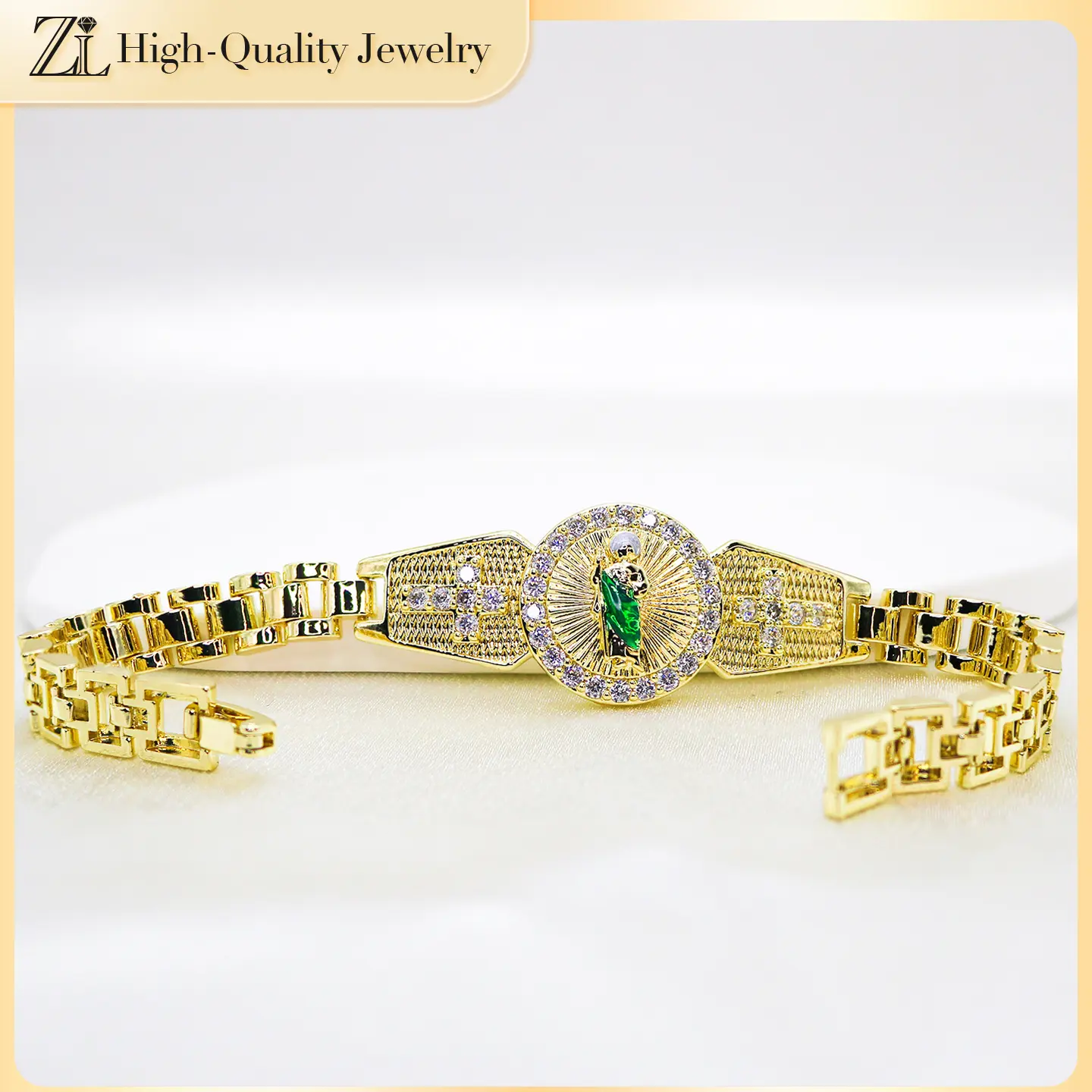 San Judas Tadeo Bracelet virgin mary Bacelet 14K Gold Plated, Saint Jude Pendant with 5A Cubic Zirconia – Copper Friendship Bracelet for Men Women, 8 Inch, Religious Gift