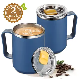 Stainless Steel Coffee Mug Set, 2-Pack 15oz/450ML Thermal Cup with Lids & Handles, Durable Insulated Travel Cups Stainless Steel Tumbler for Hot Beverages
