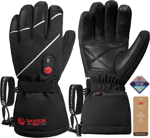 SAVIOR HEAT Heated Gloves for Men Women, Rechargeable Electric Heated Leather Skiing and Snowboarding Gloves