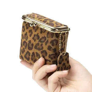 Leopard Print Genuine Leather Kiss-Lock Mini Pouch, Portable Coin Purse Lipstick Holder, Vintage Travel Jewelry Organizer for Women