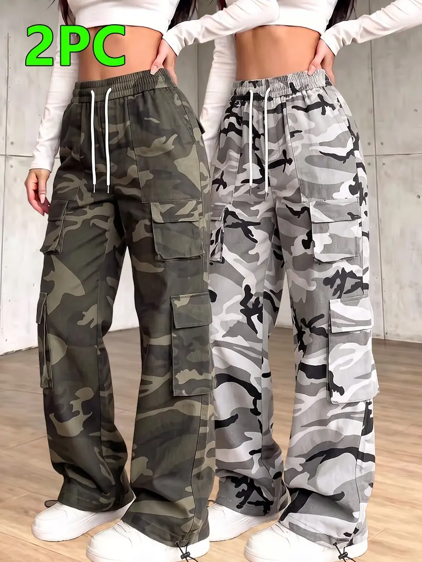 Clean Gent Women’s Two-Piece Camouflage Cargo Pants – multi-pocket cargo pants with adjustable drawstring waist, casual workwear/street style, versatile and lightweight quick-dry design, suitable for everyday wear, home, street, commuting, and more.