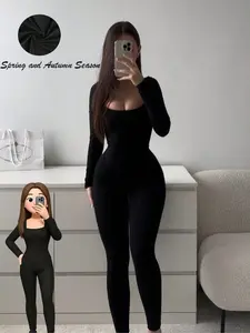 Women's Plus Size U-Neck Long Sleeve Solid Bodysuit, Elastic Stretchy Tight-Fitting Jumpsuit for Fall & Winter Fashion, Womenswear