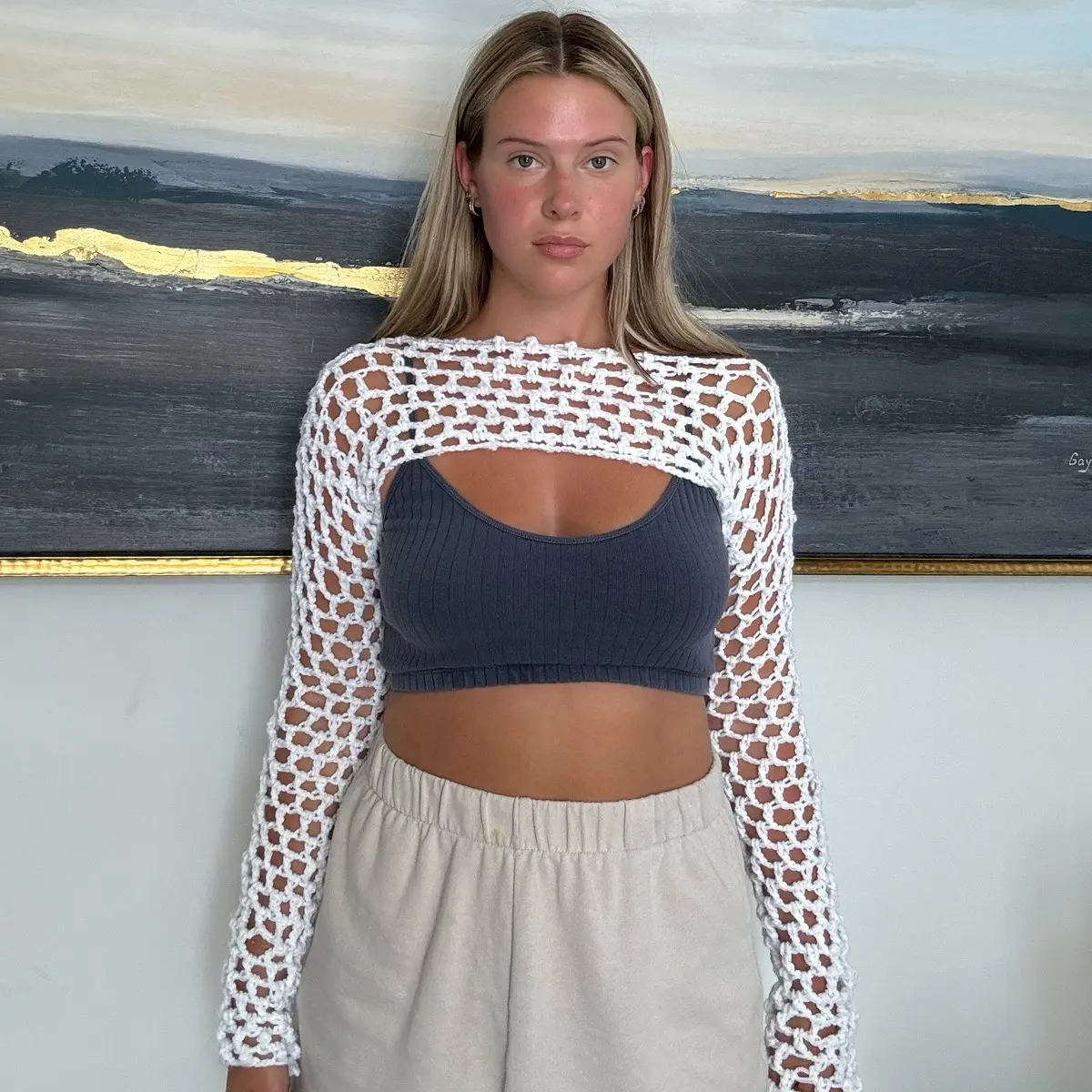 Crochet White Cropped Hollow Out Sweater