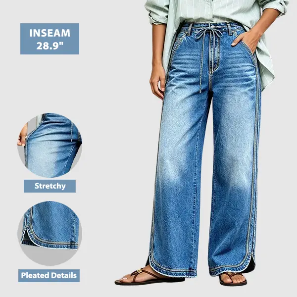 Flamingals Wash Raw Hem Drawstring Split Mid Waist Wide Leg Jeans Stretchy 28.9'' Inseam