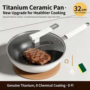 Non-stick home frying pan with titanium, no-coating ceramic non-stick flat-bottom wok suitable for gas and induction stoves, comes with a wooden spatula and cleaning cotton balls.