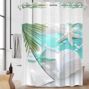 1PC/4PCS 2D Printing Blue White Starfish Shell Pearl Patterned shower curtain, Decorative shower curtain, home bathroom decor, shower curtain set with 12 hooks, non-slip bathroom rug, U-shaped toilet seat cover, toilet seat mat