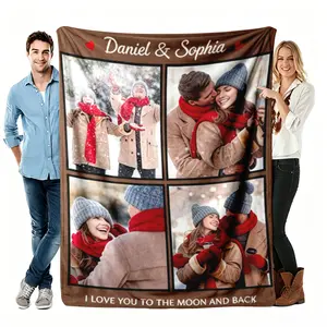 Personalized Couple Blanket Lightweight Air Conditioning, Grid Photo Collage With Custom Names I Love You To The Moon Flannel Throw, Birthday Valentine's Gift For Boyfriend Girlfriend