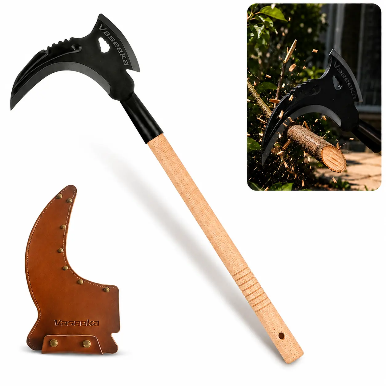 Vaseeka 2-in-1 Heavy-Duty Manganese Steel Garden Pruning Tool with Wooden Handle, Sharp Weeder & Branch Cutter for Outdoor Garden Maintenance