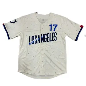 Men's baseball jersey #17 Letter & Figure Patched Button Front Baseball Jersey; Casual Loose Short Sleeve V Neck Baseball Top for Fall & Winter