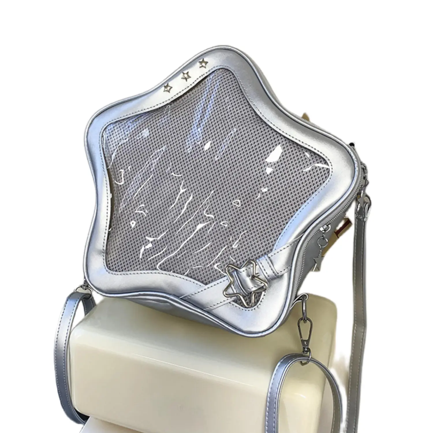 RIVERICH 3-Way Convertible Star-Shaped Ita Bag for Anime & K-Pop Fans, Multi-Strap Acrylic Display Backpack with Removable Shoulder Straps. This unique pentagram bag features a clear window to showcase your pins, charms, and collectibles