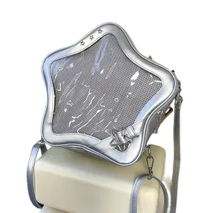 RIVERICH 3-Way Convertible Star-Shaped Ita Bag for Anime & K-Pop Fans, Multi-Strap Acrylic Display Backpack with Removable Shoulder Straps. This unique pentagram bag features a clear window to showcase your pins, charms, and collectibles