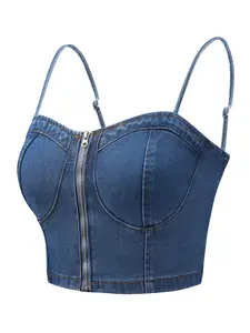 INSPIRE CHIC Denim Bustier Crop Top Women's Zip Up Adjustable Straps Jean Corset Top