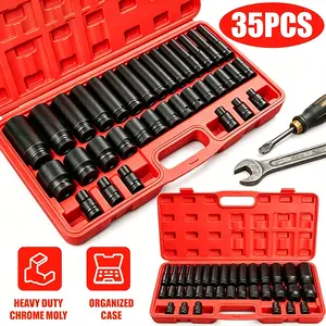 35pcs 1/2 Inch Drive Deep Impact Socket Tool Set Metric Garage Workshop Tools,Heavy Duty Impact Socket Set with Portable Case, Red#fathersdaygift