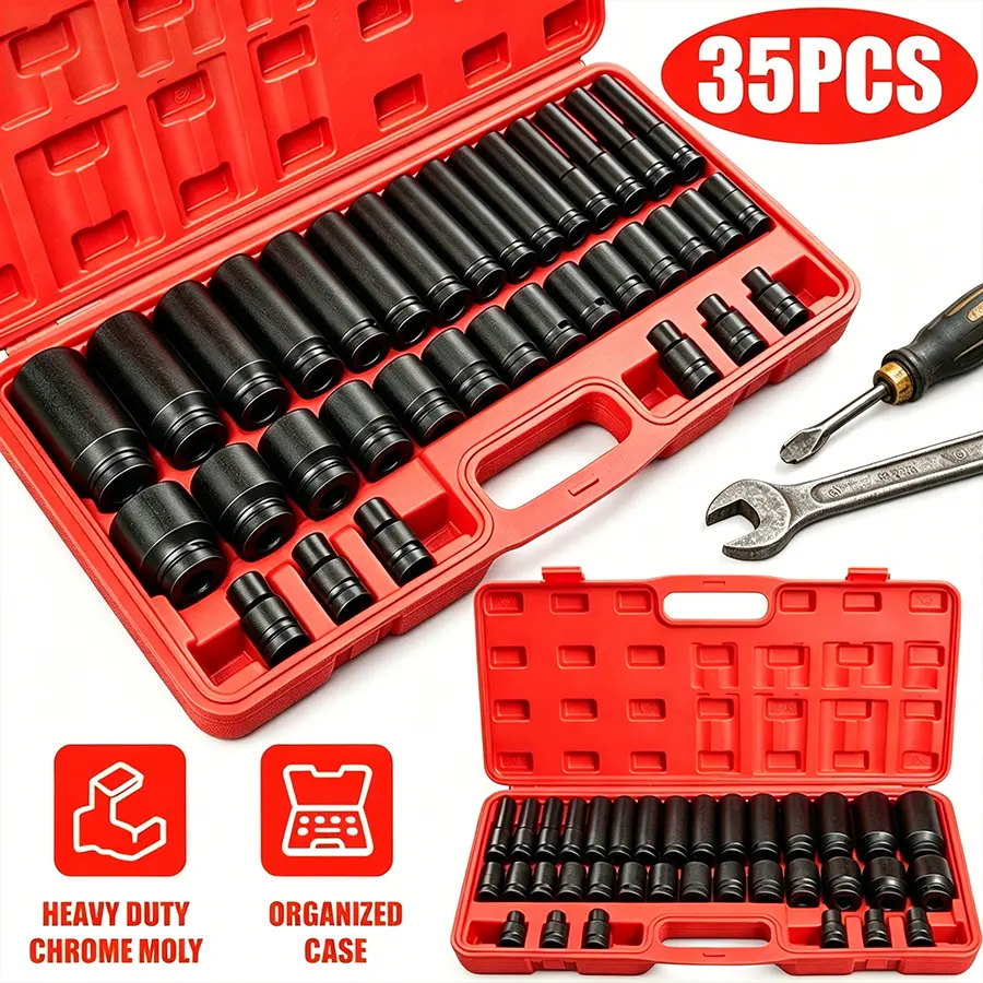 35pcs 1/2 Inch Drive Deep Impact Socket Tool Set Metric Garage Workshop Tools,Heavy Duty Impact Socket Set with Portable Case, Red#