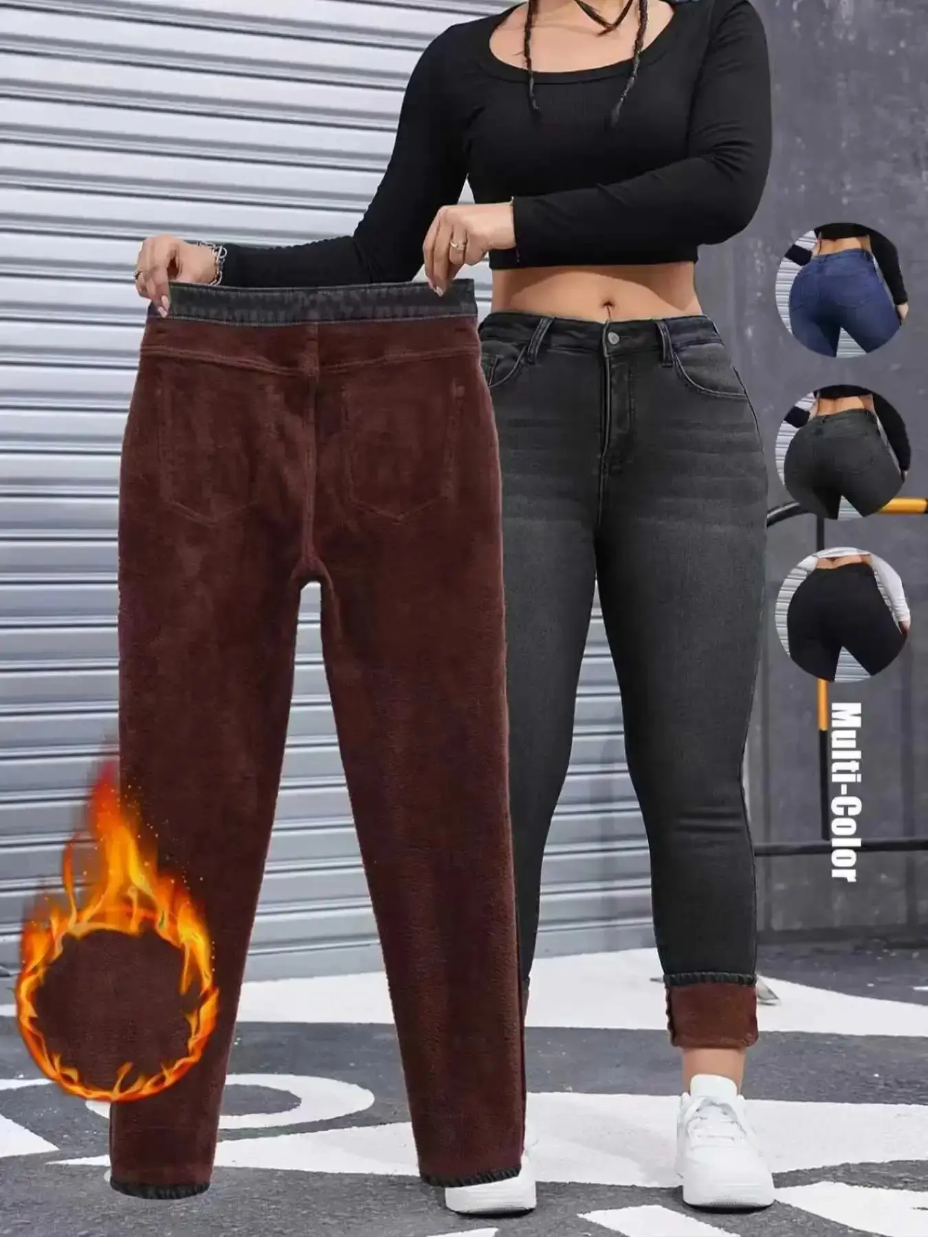 Women's Chic Fleece-Lined Thermal High Waist Jeans, Slim-Fit Woven Denim Pants for Fall & Winter, Bottoms statement piece dressed down day to night slim fit elevated basics fashion forward