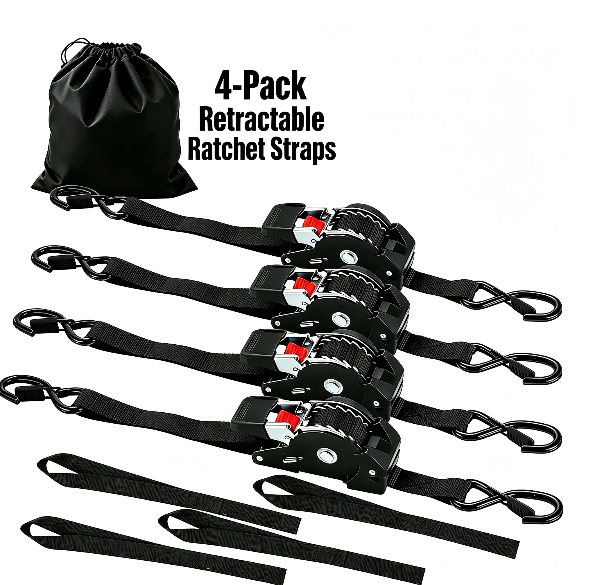 Retractable Ratchet Straps, 1540lb Break Strength Heavy Duty Auto Self Retracting Ratchet Strap with Soft Loops, 1 Inch x 10 Feet Tie Down Straps Easy Retract for Motorcycle Truck Securing Cargo, 4PK