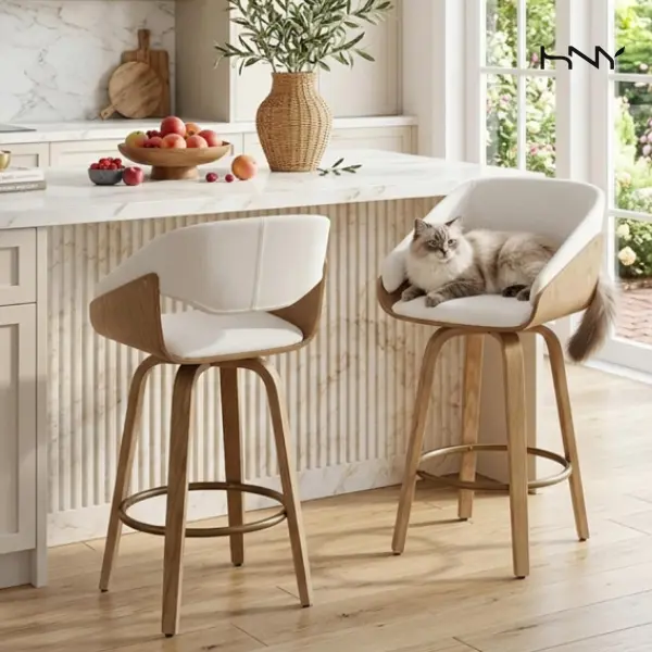 HNY Modern Maple 26" Swivel Counter Barstools Set of 2 - Mid-Century Beige Linen & Wood Barrel Seats, Round Footrest for Kitchen Island, Kitchen Bar Chairs, Home Bar 360 Degree   Spin  Chairs