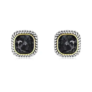 Aprilery Square-Cut Gemstone Stud Earrings – Stylish Two-Tone Finish with Textured Rope Edging, Elegant Sparkle for Daily Wear & Special Occasions