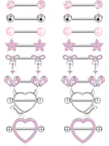 8 Pairs Nipple Rings 14G Stainless Steel Zircon Inlaid Bow CZ Ball Flower Devil Heart Pearl Straight Barbell Tongue Ring Nipplerings Piercing Jewelry for Women Pink Silver Tone 16mm