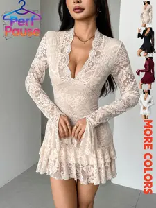 New Lace V-Neck Layered Ruffle Bodycon Dress, Spring Summer Autumn Winter Fashion, Slim Fit, Elegant and Stylish
