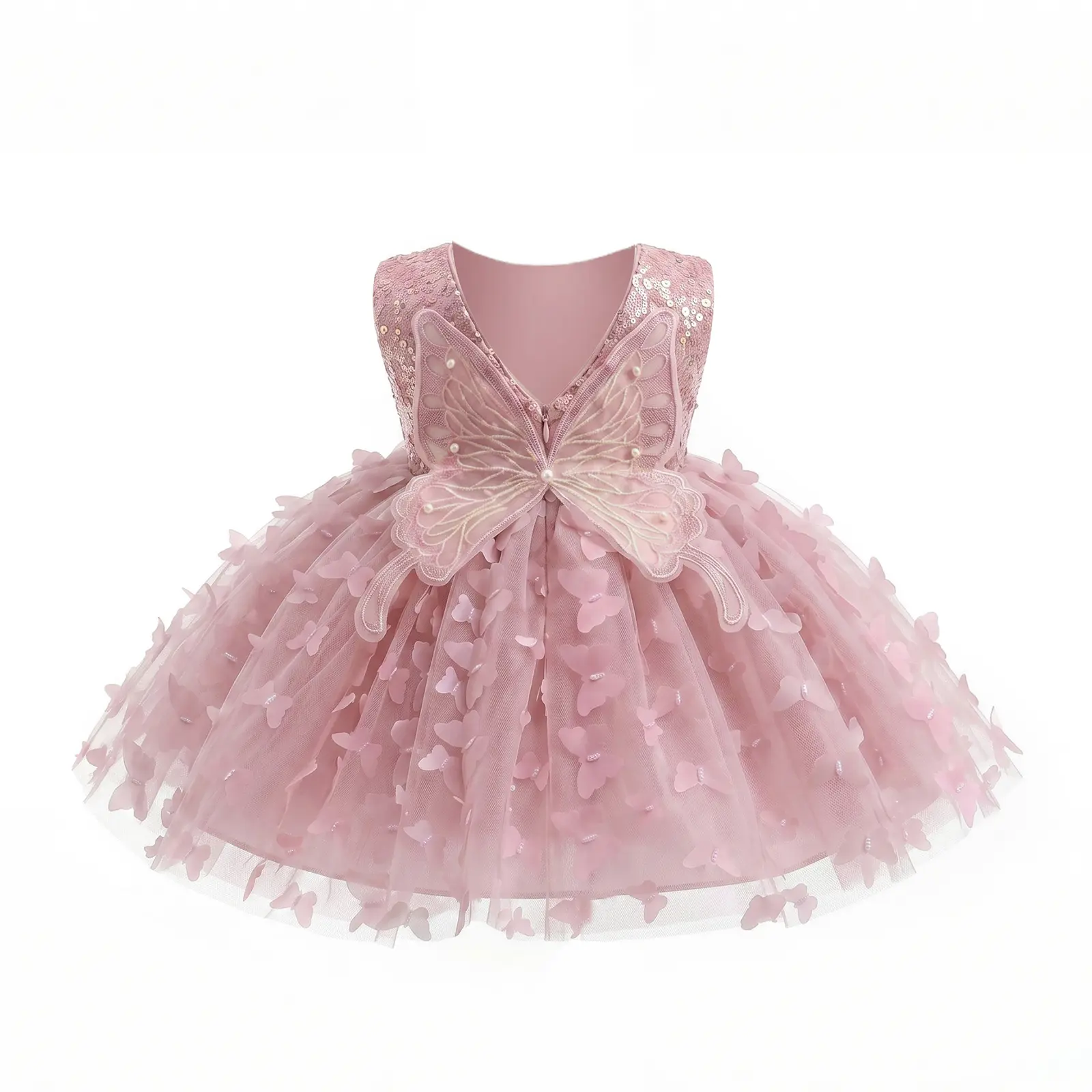 Toddler Girls Fairy Butterfly Princess Dress, Midi Length, Different Front-Back Design, Sparkle Sequin Bodice, 3D Butterfly Mesh Skirt, Red Summer Formal Gown for Birthday Party Flower Girl
